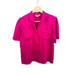 Tat Kee Vintage 80s Jacquard Floral Blouse Button Up 100% Silk Hot Pink LARGE